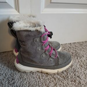 Sorel Gray Kids Winter Boot with Pink Laces